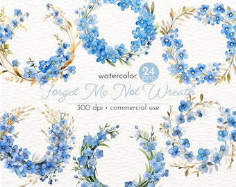 Forget Me Not Wreath Clipart, Images of Watercolor Summer Flowers - Instant Download - Commercial Use
