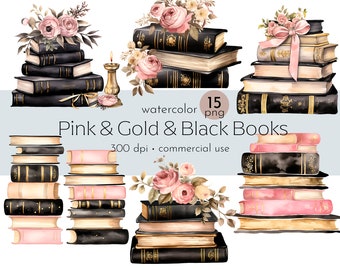 Pink & Gold Books Clipart: Vintage Cottagecore PNG (Digital Download)