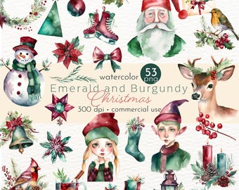 Emerald and Burgundy Christmas Clipart, Sage Green Christmas, Holiday Invitations - Instant Download - Commercial Use