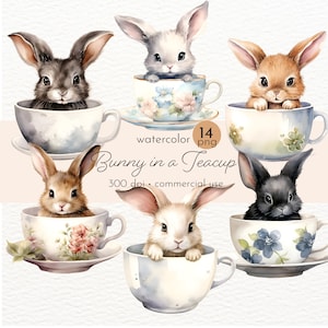 Coniglietto in una tazza da tè Clipart, ClipArt di tazza da tè vintage, simpatico coniglietto dell'acquerello, tazze da tè floreali - Download istantaneo - Uso commerciale