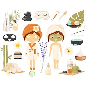Clipart beauté bien-être de la peau pour une journée au spa, encens, masque pour les yeux, savon, serviettes, peignoir, lavande, pierre zen | Fichiers PNG 300 dpi - téléchargement immédiat