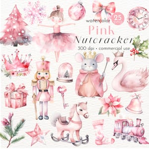 Clipart de quebra-nozes rosa aquarela para convites vintage de Natal, quebra-nozes retrô, balé de feriado - Download instantâneo - Uso comercial