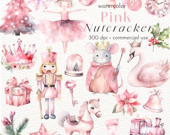 Watercolor Pink Nutcracker Clipart: Vintage Christmas PNG (Commercial Use)
