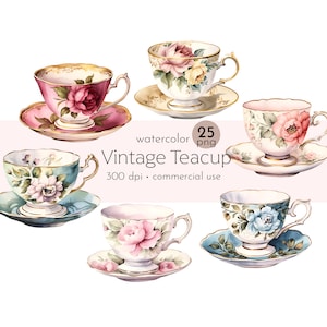 Clipart di tazze da tè floreali d'epoca, fiori per l'ora del tè, fiori in tazze da tè - Download immediato - Uso commerciale