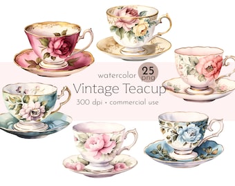 Vintage Floral Teacup Clipart, Tea Time Flowers, Flowers in Teacups - Instant Download - Commercial Use