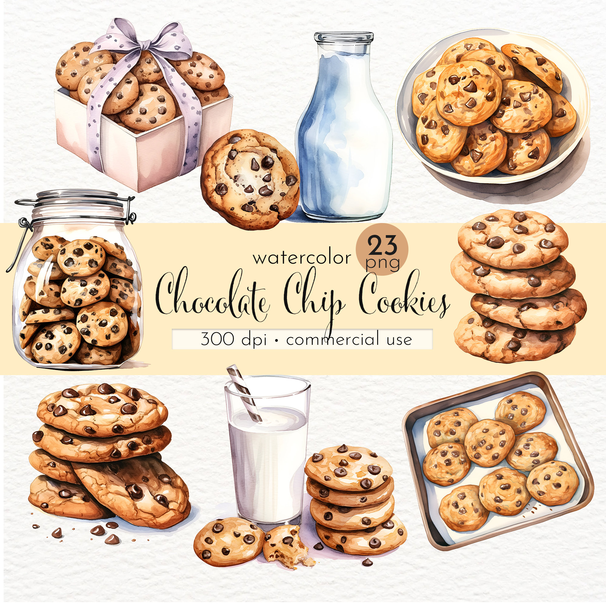 Watercolor Chocolate Chip Cookies Clipart: 23 PNG Illustrations ...