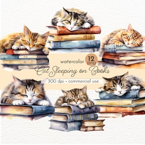 Katze schläft auf Bücher Clipart, lesende Katze, Baby Shower Clipart, Smart Cat Clip Art - Instant Download - kommerzielle Nutzung