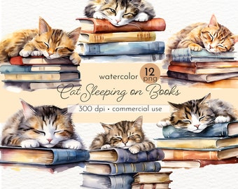 Cat Sleeping on Books Clipart: Watercolor PNG Images (Commercial Use)