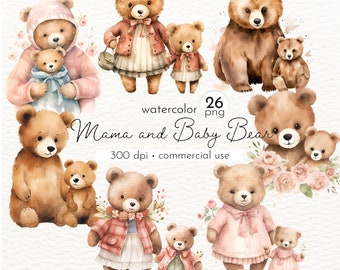 Mama & Baby Bear Clipart: 26 PNG Watercolor Teddy Bear Images (Commercial Use)