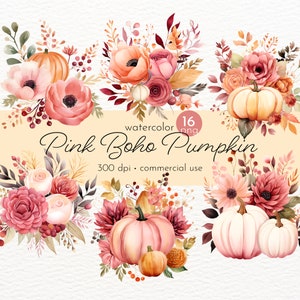 Pink Boho Pumpkin Clipart, Watercolor Fall Clipart, Floral Autumn Clip Art  - Instant Download - Commercial Use