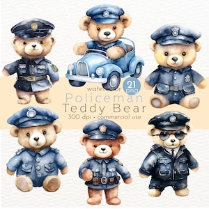 Clipart policier ours en peluche, police ours en peluche, cadeaux pour garçons, aquarelle policier - téléchargement immédiat - usage Commercial