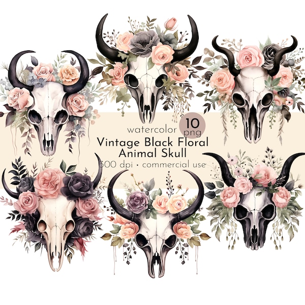 Vintage Black Floral Animal Skull Clipart, Gothic Floral Art, Images of Beautiful Floral Antlers - Instant Download - Commercial Use