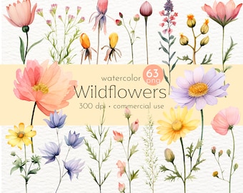 Wildflowers Clipart, Watercolor Boho Flowers, Wild Flower Painting, Summer Bouquet - Instant Download - Commercial Use