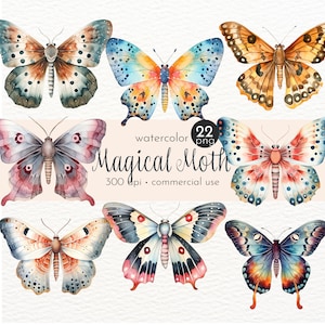 Magische Motte Clipart, Aquarell Insekten, gemalte Schmetterlinge, Bio Schmetterling - Instant Download - Kommerzielle Nutzung