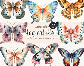 Magical Moth Clipart, Watercolor Insects, Painted Butterflies, Organic Butterfly - Instant Download - Commercial Use