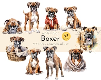 May include: Watercolor illustrations of Boxer dogs in various poses. The dogs are depicted in a playful, relaxed, and affectionate manner. The illustrations are perfect for use in digital and printed projects.