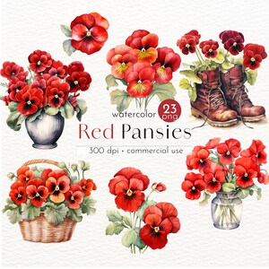 Clipart di viole del pensiero rosse, immagini di viole del pensiero, immagini di fiori primaverili ad acquerello - Download immediato - Uso commerciale