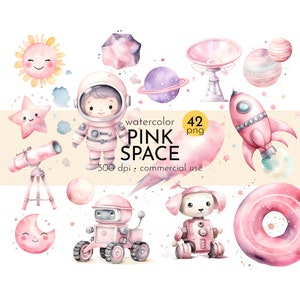 Clipart spazio rosa, astronauta rosa, stelle e pianeti, clipart robot rosa - download istantaneo - uso commerciale