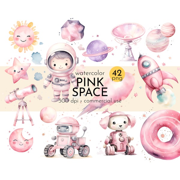 Pink Space Clipart, Pink Spaceman, Estrellas y Planetas, Pink Robots Clip Art - Descarga Instantánea - Uso Comercial