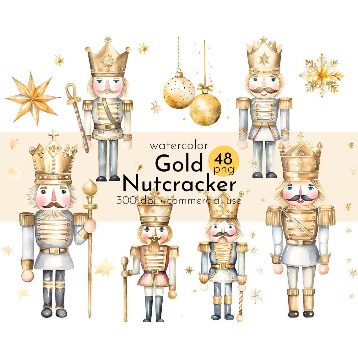 Watercolor Gold Nutcracker Clipart for Vintage Christmas, Retro Posters ...