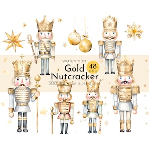 Clipart de quebra-nozes dourado em aquarela para Natal vintage, pôsteres retrô, convites de balé de férias - download instantâneo - uso comercial
