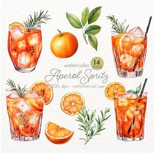 Aperol Spritz Clipart, Aquarell Cocktail, Cocktail Clipart, Cocktail, Signature Drink, Hochzeitscocktail - Instant Download - Kommerzielle Nutzung