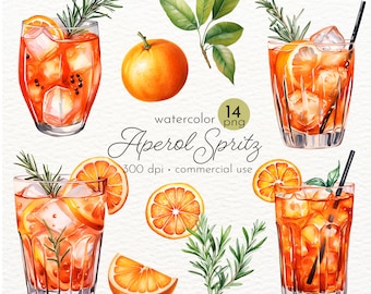 Wasserfarbe Orange Spritz Clipart: Cocktail Illustration (Instant Download)