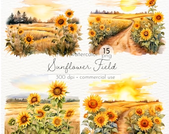 Clipart aquarelle champs de tournesols : images Golden Hour PNG (usage commercial)