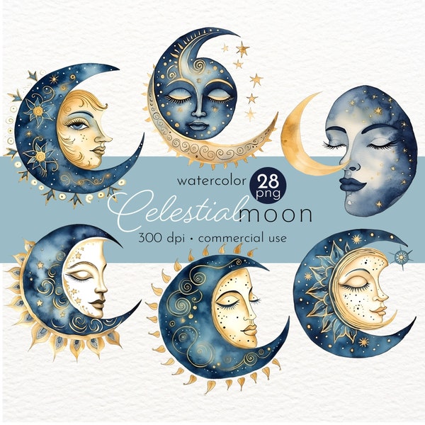 Blue Golden Moon Clipart, Moon Goddess Clip Art, Beautiful Celestial Clipart - Instant Download - Commercial Use