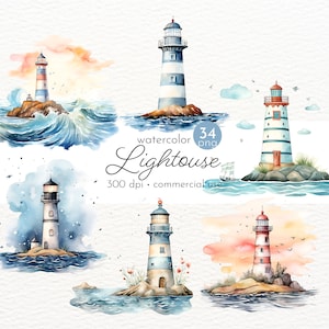 Aquarell Leuchtturm Clipart, Strand, Leuchtturm Clipart, Meer Landschaft, Küsten Clipart - Instant Download - Kommerzielle Nutzung