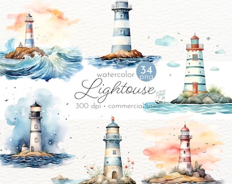 Watercolor Lighthouse Clipart: Coastal Landscape PNG (Instant Download)
