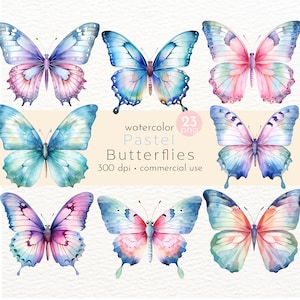 Pastel Butterflies Clipart, Watercolor Insects, Painted Butterflies, Organic Butterfly - Instant Download - Commercial Use