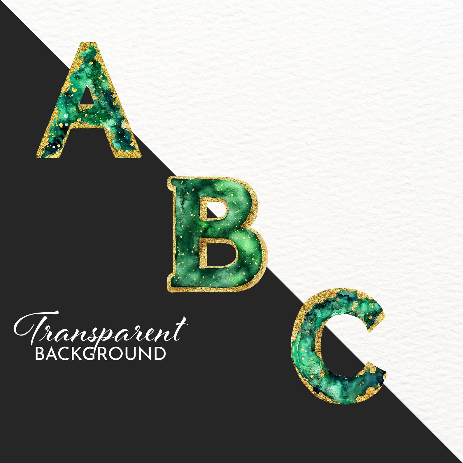 Emerald Gold Watercolor Alphabet Clipart: 26 PNG Letters (commercial ...
