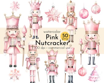 Watercolor Pink Nutcracker Clipart: 50 PNG Images (Commercial Use)