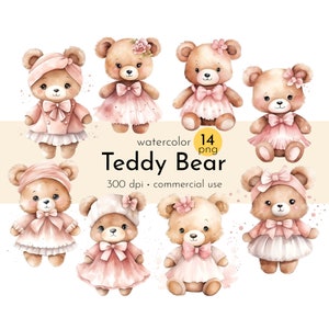 Teddy Bear Girl with Pink Dress Clothes Clipart, Winter Teddy Bears, Baby Shower Clipart, Teddy Winter - Instant Download - Commercial Use