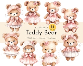 Teddy Bear Girl Clipart: Pink Dress, Winter Theme (PNG, Commercial Use)