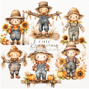 Lindo espantapájaros, espantapájaros de acuarela, calabaza, decoración de Halloween - Descarga instantánea - Uso comercial