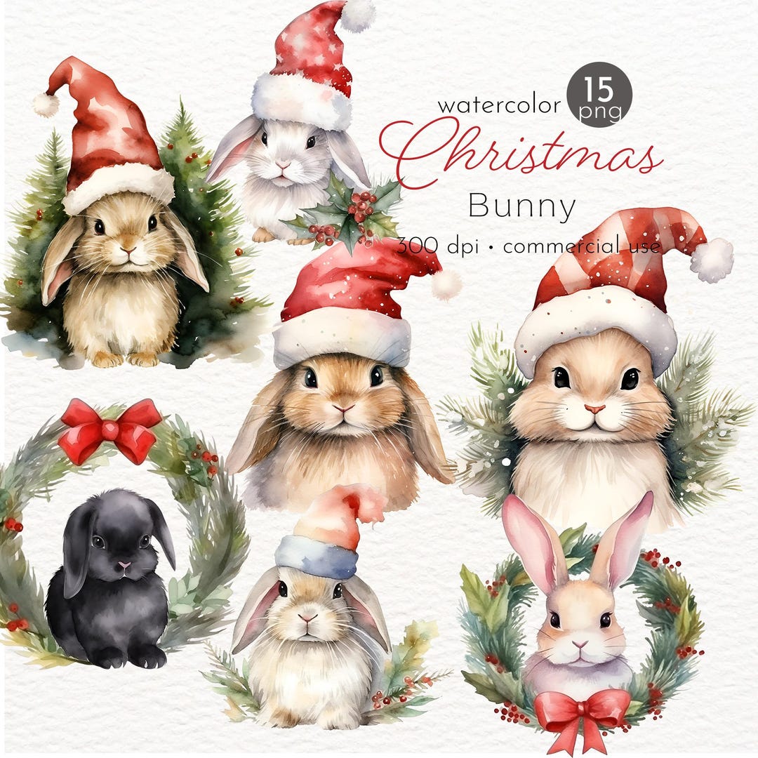 Watercolor Christmas Bunny Clipart: Holiday Wreath Illustrations (PNG ...