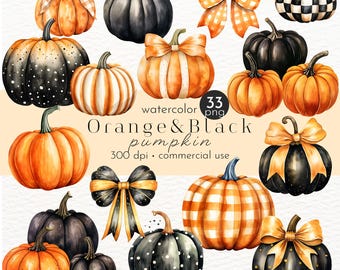 Orange and Black Pumpkin Clipart, Halloween Pumpkin Bows, Halloween Decor - Instant Download - Commercial Use
