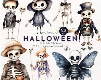 Cute Halloween Skeleton Clipart, Funny Halloween Clipart, Watercolor Halloween Clipart, Halloween Decor - Instant Download - Commercial Use