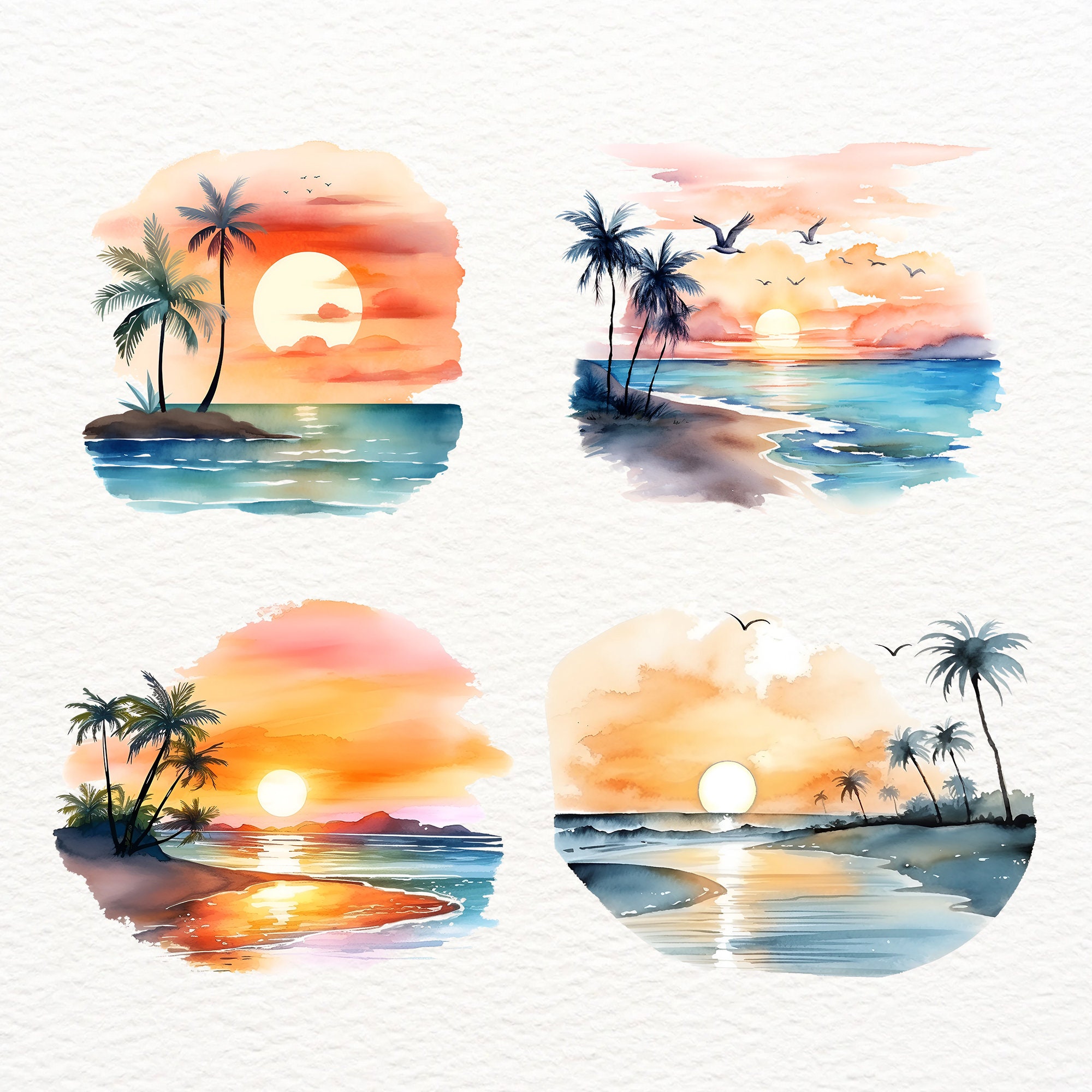 Watercolor Sunset Beach Clipart: Tropical Landscape Art (digital ...