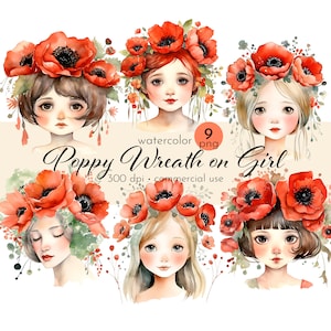 Mohn Kranz auf Mädchen Clipart, Aquarell Mädchen mit Blumenkronen, Bilder von schönen Blumen - Instant Download - Kommerzielle Nutzung