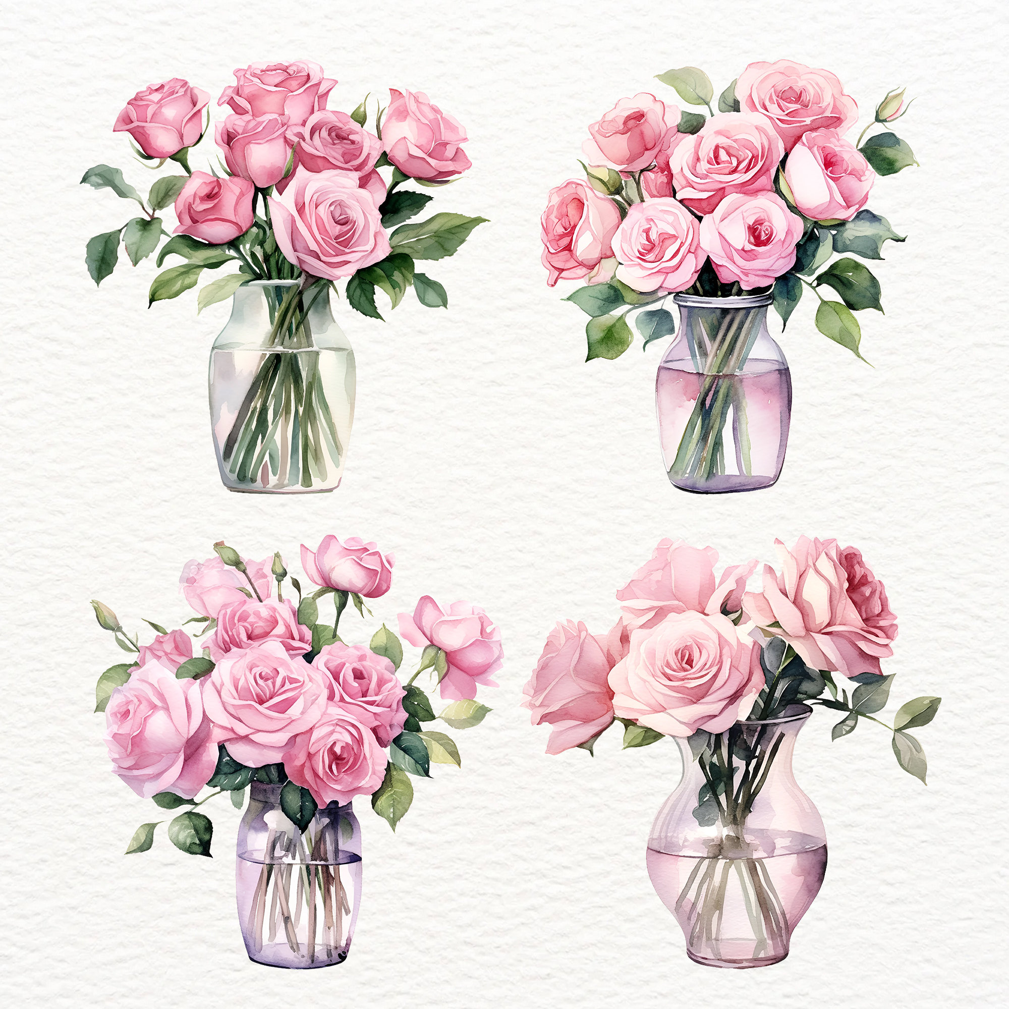 Pink Roses in Vase Clipart, Images of Watercolor Summer Flowers Instant ...
