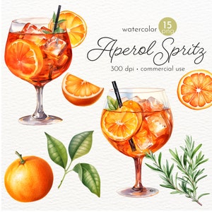 Clipart Aperol Spritz, cocktail ad acquerello, clipart cocktail, drink esclusivo, cocktail nuziale - download istantaneo - uso commerciale