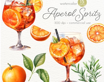 Aperol Spritz Clipart, Aquarell Cocktail, Cocktail Clipart, Cocktail, Signature Drink, Hochzeitscocktail - Instant Download - Kommerzielle Nutzung