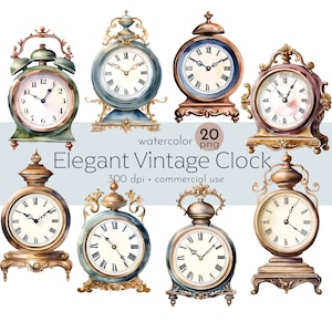 May include: A set of 20 watercolor illustrations of vintage clocks. The clocks are in various styles, including alarm clocks, mantle clocks, and pocket watches. The clocks are all in shades of gold, brown, and green.