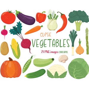 Imágenes Prediseñadas de verduras, conjunto de imágenes prediseñadas de zanahoria, tomate, patata, berenjena, pimentón, repollo, maíz, calabaza, pepino, cebolla - Descarga instantánea