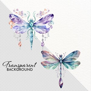 May include: Two watercolor illustrations of dragonflies with jeweled wings. The top dragonfly has purple, blue, and pink wings with dangling crystals. The bottom dragonfly has green, blue, and purple wings with a crystal tail.