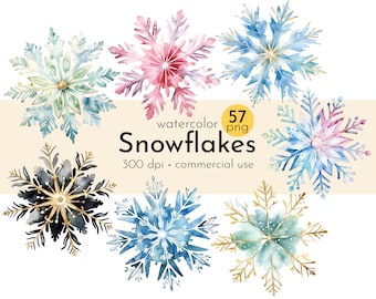 Imágenes prediseñadas de copos de nieve de acuarela para Navidad, imágenes prediseñadas de invierno, copos de nieve navideños - Descarga instantánea - Uso comercial