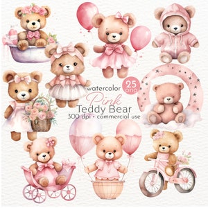 Clipart orsacchiotto rosa, clipart celebrazione, clipart baby shower, regali di compleanno - download istantaneo - uso commerciale
